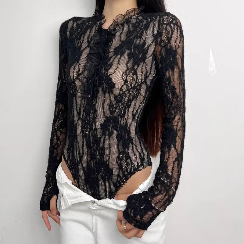 1 Lace Bodysuit Women Tummy Control Long Sleeve Round Neck Layered Floral Embossed Top Going Out