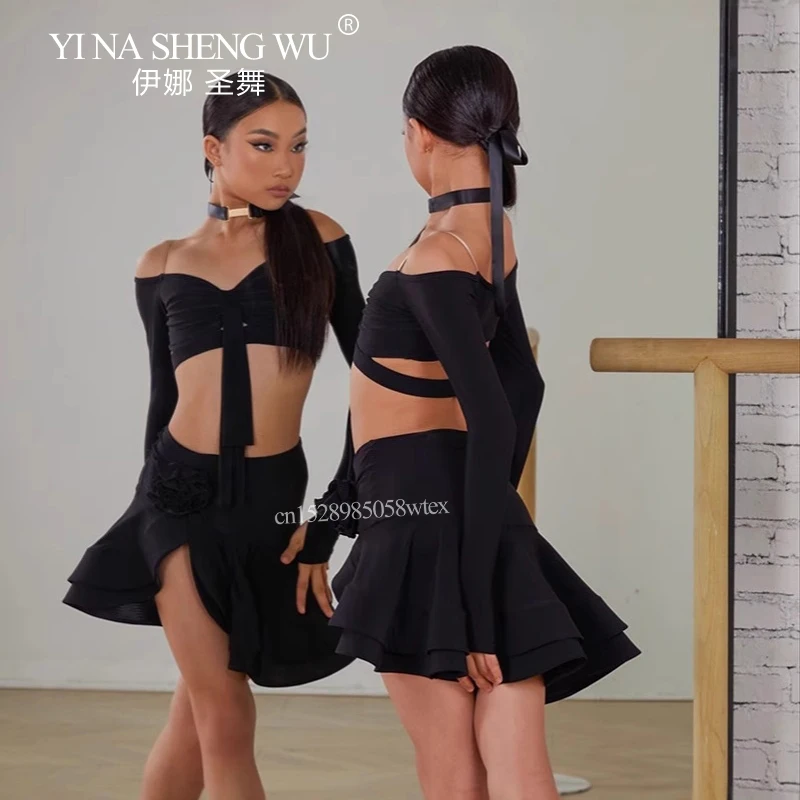 New Latin Dance Top Skirt Set Girls Cha Cha Samba Performance Competition Costumes Long SLeeves Top Skirt Burgundy Dress 2colors