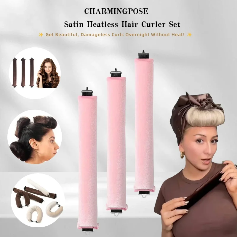 Satin Heatless Hair Curler Set - No Heat Overnight Curling Rod Headband for Natural Lazy Curls, Safe Sleeping Hair Styling Tools