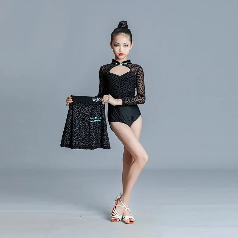 2025 소녀를위한 새로운 어린이 라틴 댄스 의상 검은 긴 소매 치마 정장 룸바 차차 탱고 라틴 연습 드레스