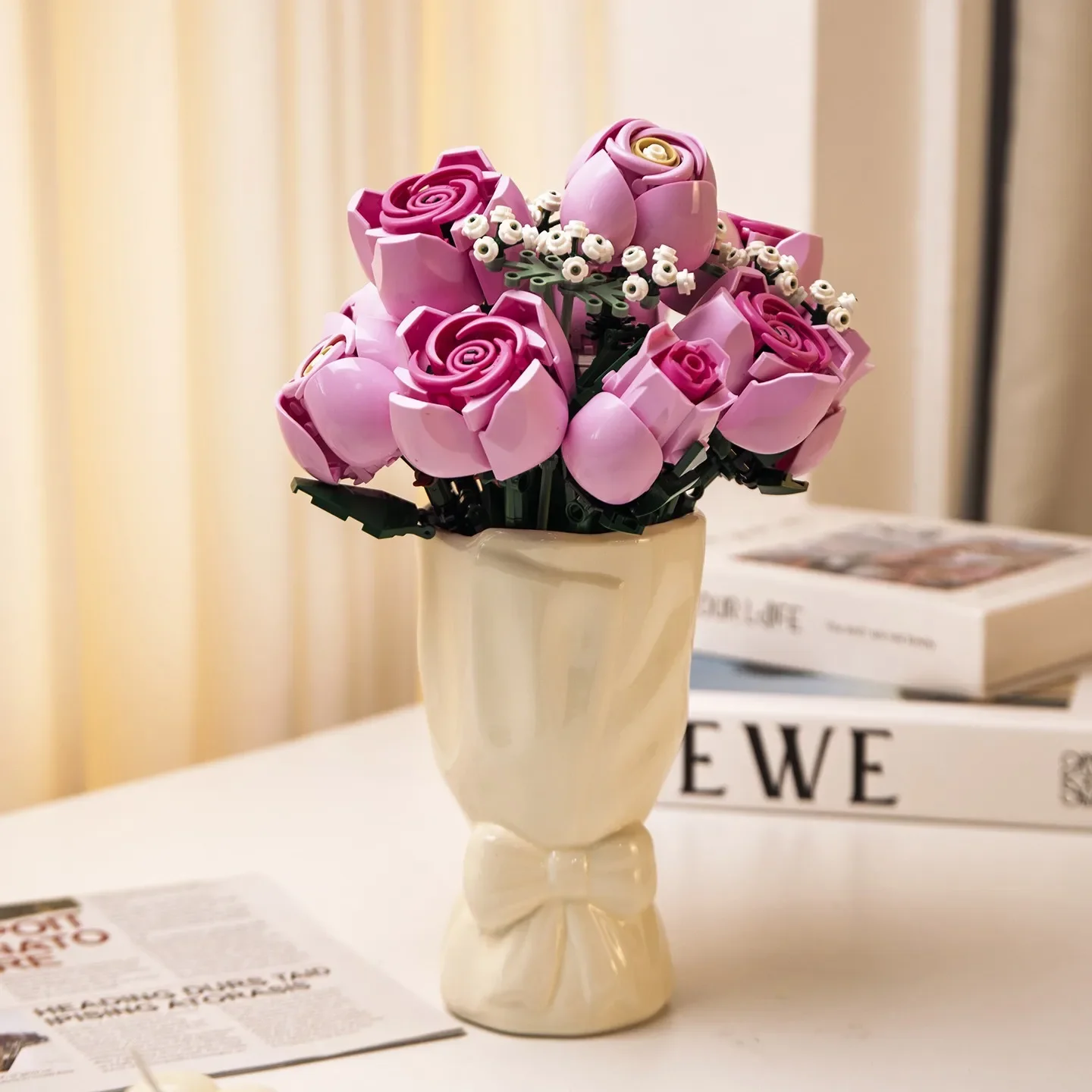ตัวต่อม็อคพิงค์โรส ชุดสร้างบ้านสไตล์โรแมนติก ของตกแต่งบ้าน ของเล่นตัวต่อสำหรับเด็ก ผู้ใหญ่ เด็กผู้หญิง ของขวัญเทศกาล DIY