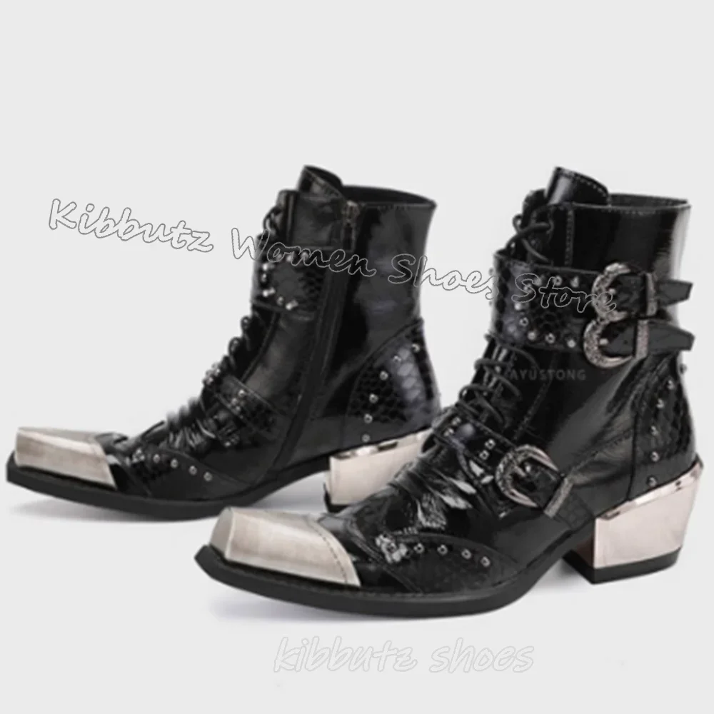 Stivaletti con decorazioni in metallo Rivetti Novità Cerniera in pelle Moda Elegante Sexy Conciso Scarpe da donna di lusso Punta quadrata Tacco grosso Nuovo