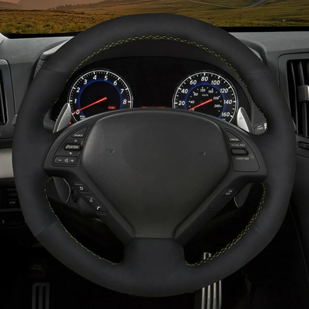 

Car Steering Wheel Cover Hand-stitched Black Genuine Leather Suede For Infiniti G G25 G35 G37 EX EX35 EX37 Q Q40 Q60 QX50 (US)