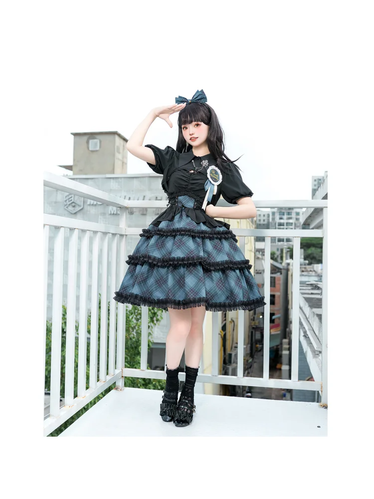 

Original Authentic Lolita Girls' Dress Daily Sweet Girls' Songwriting Outfit Checkered Four Section Dark Lo Dress