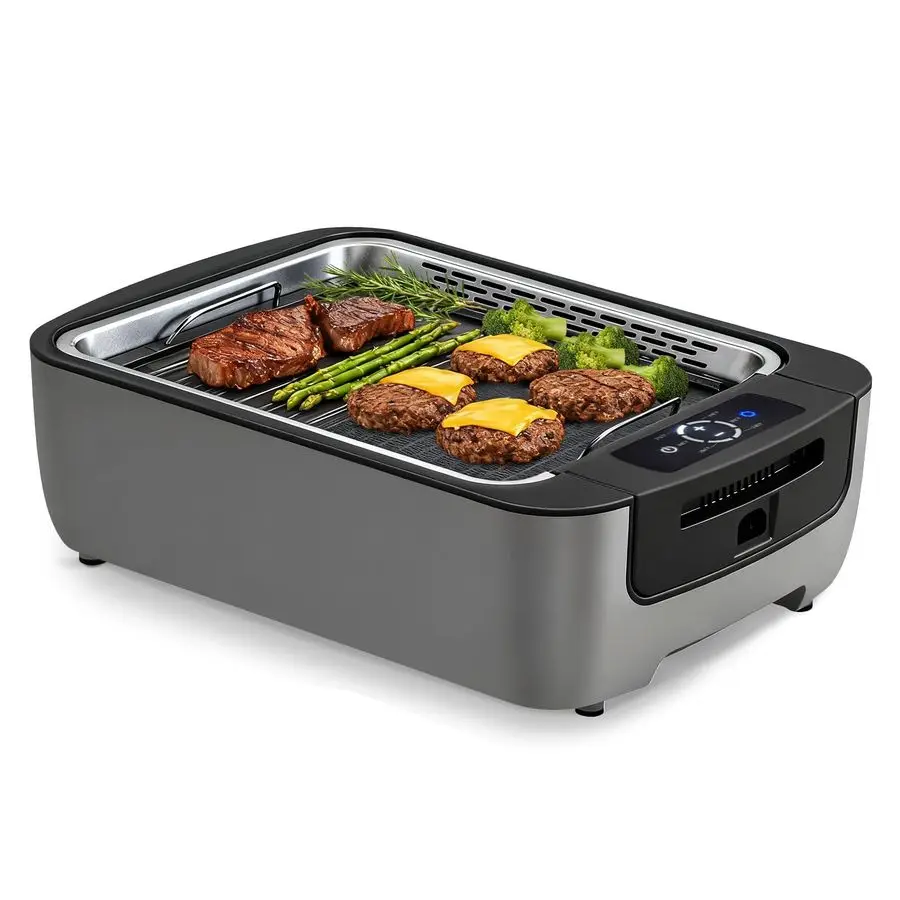 

Indoor Grill, Electric Indoor Grill 1100W for Korean BBQ with Dual Turbo Smoke Extractor, LED Smart Display amp DualZone Nonstic