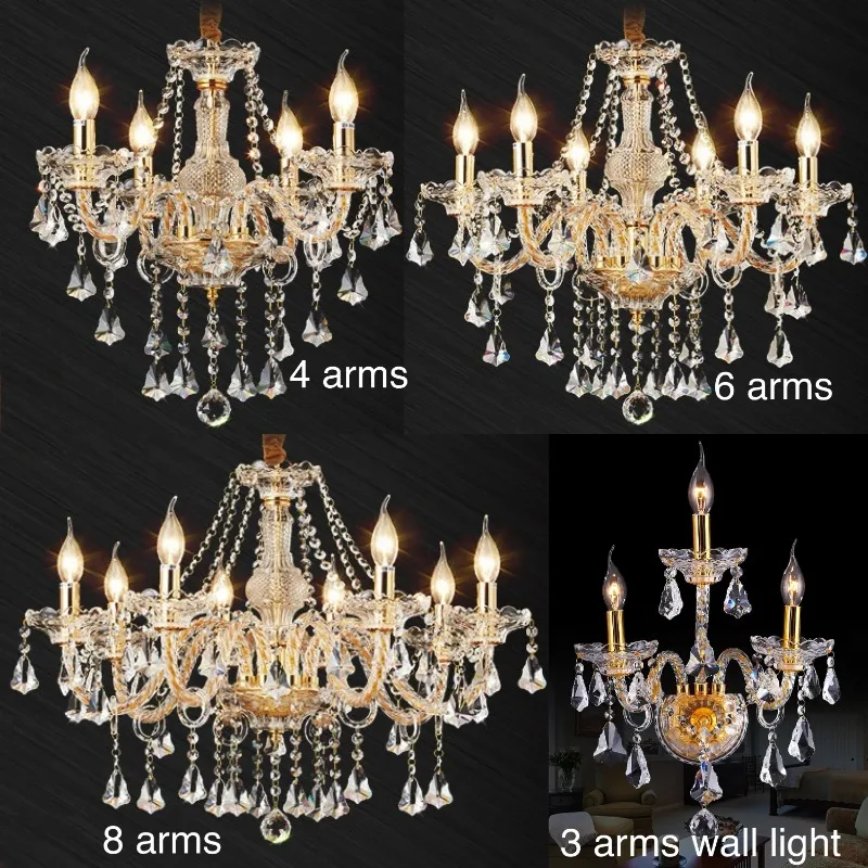 

Clear Crystal Golden Chandeliers Multi 4/6/8/10/15/18 Arms Optional Lustres De Cristal Chandelier Wall Lamp LED E14 Lustre