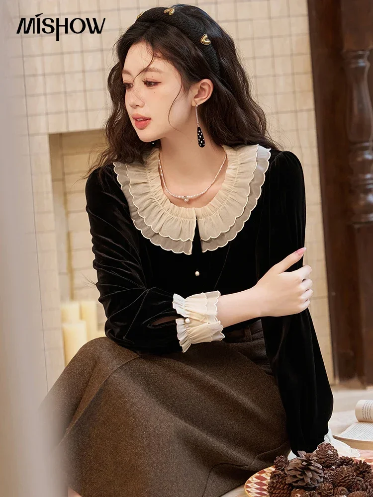 MISHOW French Retro Velvet Blouses for Women 2024 Autumn Winter Button Down O Neck Korean Long Sleeve Shirt Tops MXC51X1323