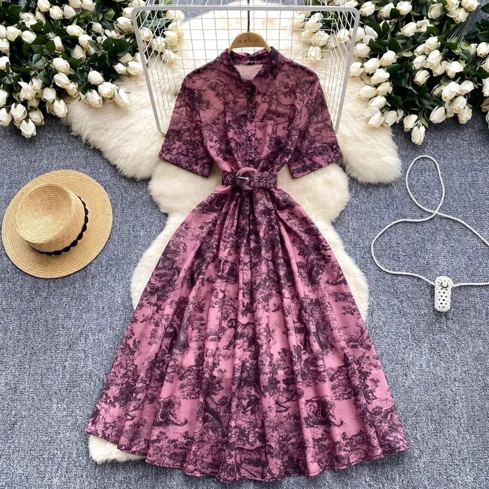 French Vintage Turn-down Collar sashes Print short Sleeves Dress Casual Women Fashion summer dresses