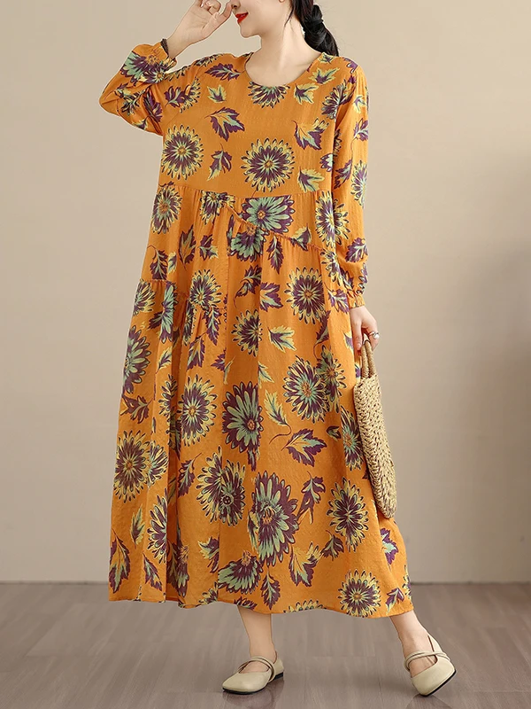 루즈하고 편안한 롱 슬리브 플로럴 프린트 여성용 봄 가을 린넨 코튼 A라인 드레스 넉넉한 핏 캐주얼웨어