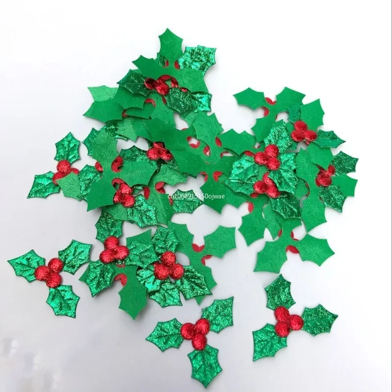 100pc Glitter Fabric Red Berry Green Holly Leaves Appliques Christmas Decorations for Home Table Decoration Scrapbook DIY Craft