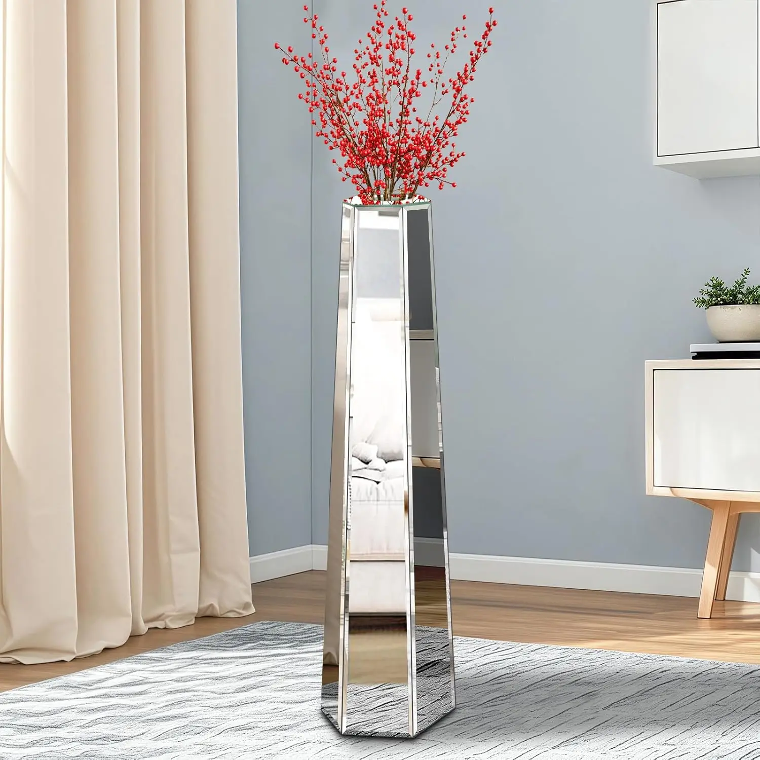 

Large Vases 77cm Tall Luxury Mirrored Thin Vase Floor Standing, Silver Glass Art Decor, for Holding Dried Flowers, Living Room