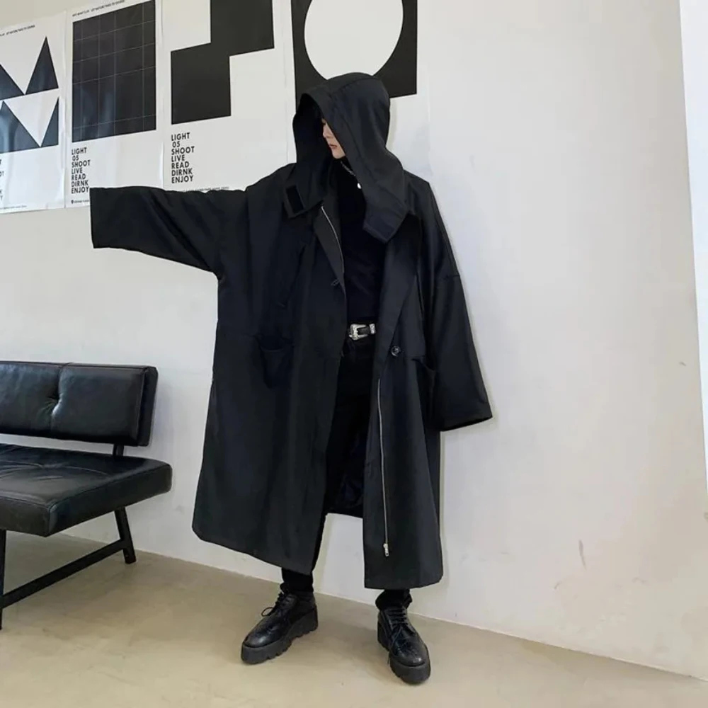 

Мужской весенний тренч с капюшоном, темный, оверсайз, средней длины, куртка в уличном стиле, молодежная верхняя одежда для активного отдыха, мужская одежда 2026