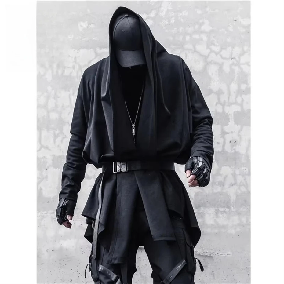 Black Hooded Jackets Men Wizard Trench Coat Windbreaker Men 2025 Spring Cardigan Cloak Jacket Punk Streetwear Techwear