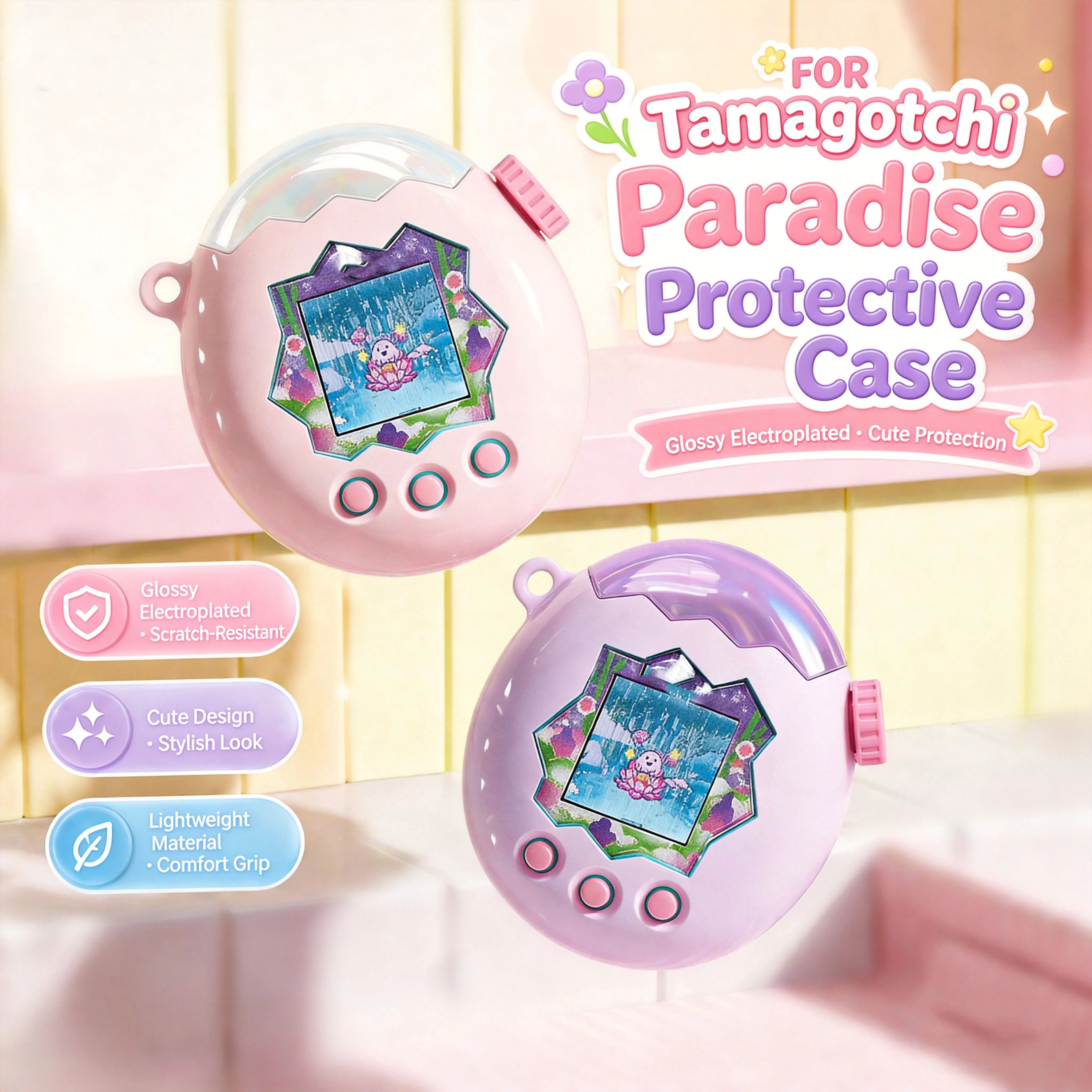 PC Case for Tamagotchi Paradise Glossy Electroplated Scratch Resistant Open Lid Design Full Body Hard Shell Washable