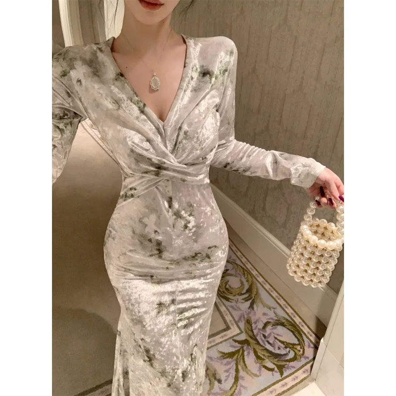 ヴィンテージ V ネック プリント クロスノット グリーン ベルベット ボディコン ミディドレス エレガント スリム パーティー プロム ドレス 女性用イブニングガウン