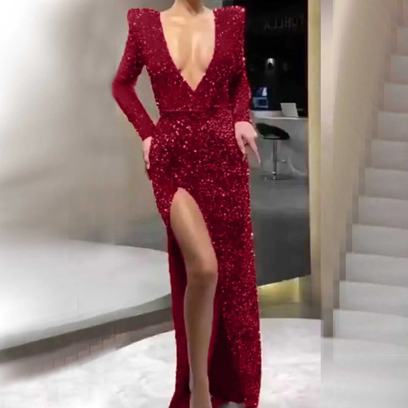 Women\'s Formal Dresses Vintage Long Sleeve Deep V Neck Side Slit Slim Glitter Sparkly Sequin Dress Elegant Solid Red Party Dress