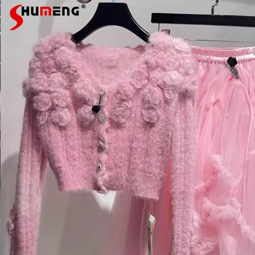 Pink Sweet Knitted Cardigan Sweaters for Women 2023 New High-End Rose Flower Feminine Exquisite Long Sleeve Short Knitted Tops