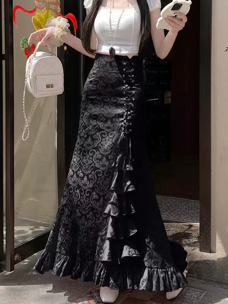 Spódnica midi z francuskim krojem rybki, damska, jesienna, z wysokim stanem, w stylu wiktoriańskim, z falbanami, elegancka, w stylu Hepburn, uniwersalna spódnica w kształcie litery A.