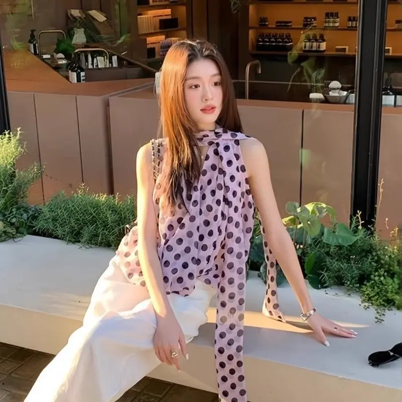 Damska Odzież Letnia Moda Koreańska Kropka Jednolity Kolor Dekolt V Damska Uniwersalna Modna Wyszczuplająca Bez Rękawów Top na Ramiączkach