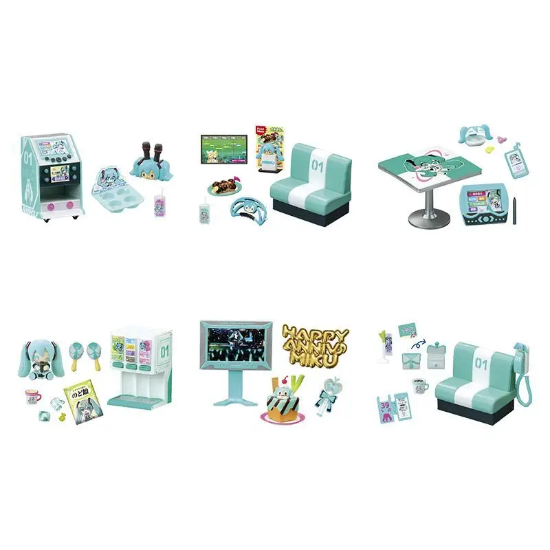 Re-Ment Hatsune Miku Karaokê Anime Estatuetas Conjunto 6pcs Modelo Colecionável Ornamentos Crianças Presente Figuras de Ação Brinquedo