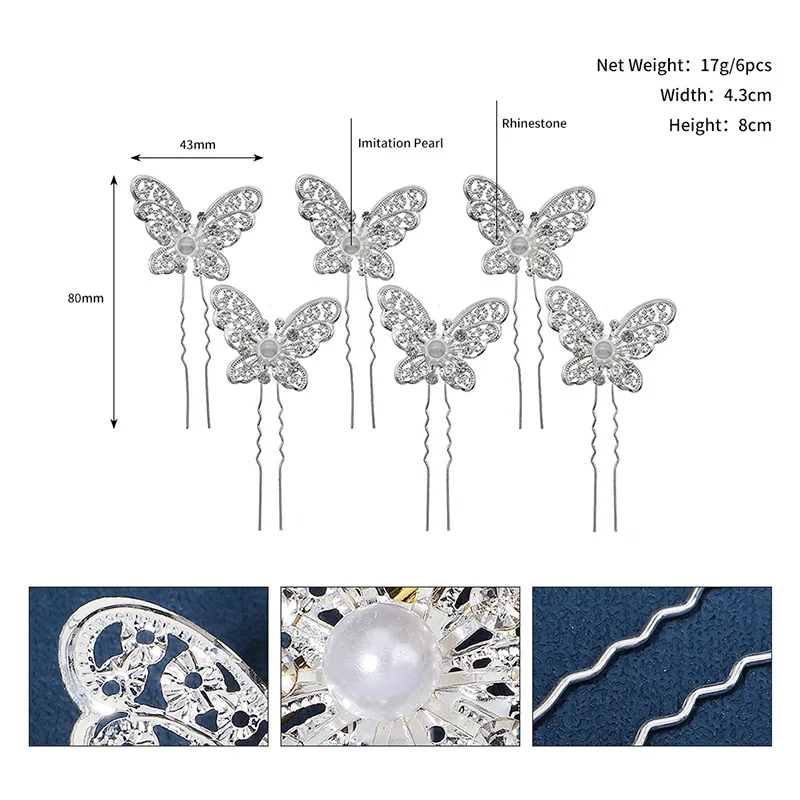 Bridal Wedding Hair Accessories Rhinestone Butterfly Hair Forks Clips Pins for Women Hairpins Party Bride Headpiece Bridesmaid