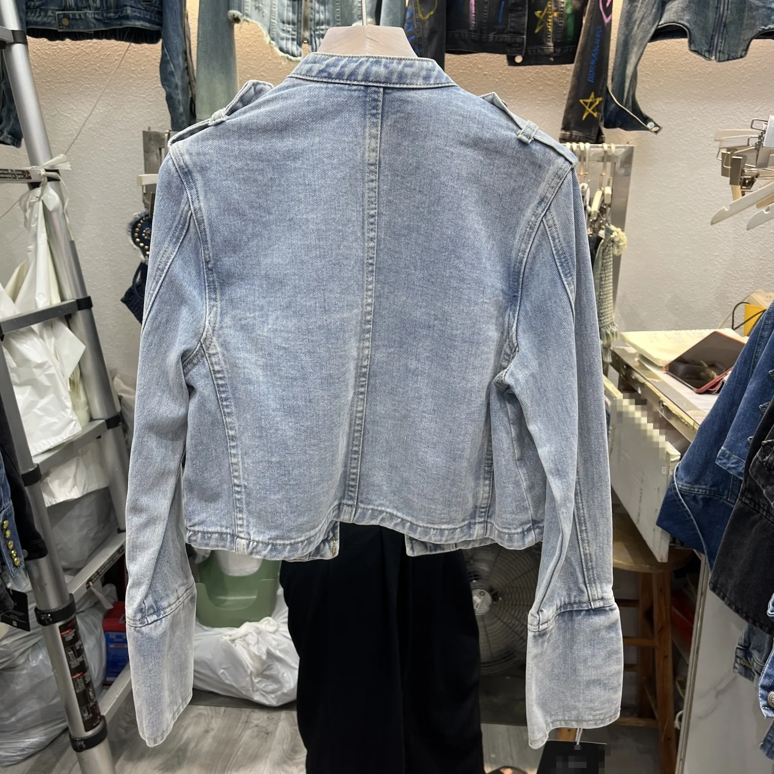 Retro Military Style Handsome Stand Collar Denim Jackets Female Double-breasted Old Wild Slim Short Denim Jackets Outerwear