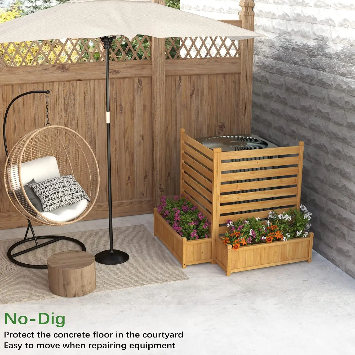 Outdoor Privacy Screen Fence, Air Conditioner Enclosure Trash Can Hider Pool Equipment Cover, Slatted Airflow Patio Divider With Planter Box Base, Natural Wood, 2 Piece Set