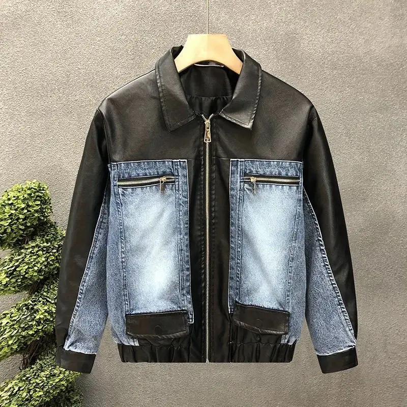 

Spring and Autumn American lapel solid color washed denim leather splicing new tooling jacket men's jacket
