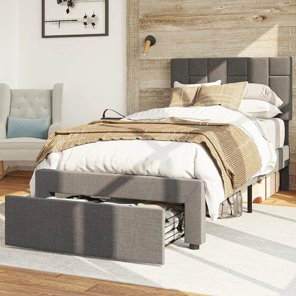 Twin Bed Frame with XL Under-Bed Drawer, Platform Upholstered with Headboard, No Box Spring Needed/Noise-Free, Grey