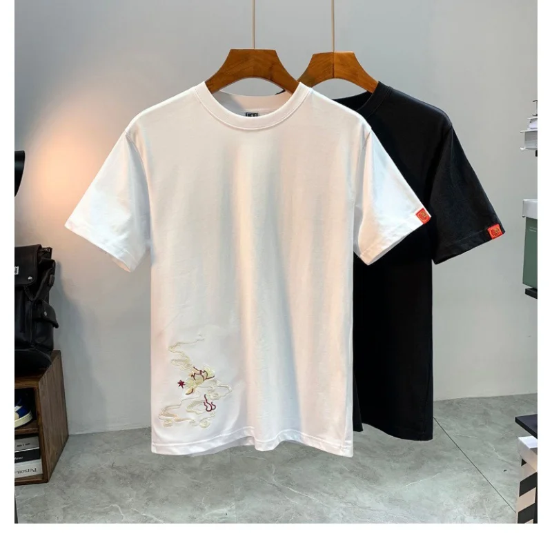 Chinese style high quality phoenix embroidery short sleeve T-shirt MEN'S trendy summer slim fit stretch casual fashion MEN'S top