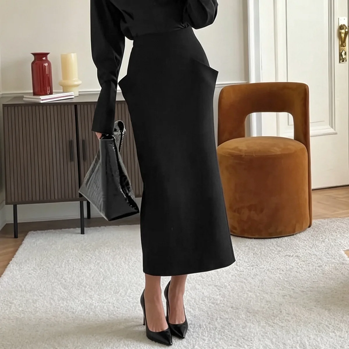 Autumn Fashion Elegant Women Bottom Trendy Chic Lady Skirt Structured Cut Pocket High Waist Midi Skirt Slim Fit Solid Color