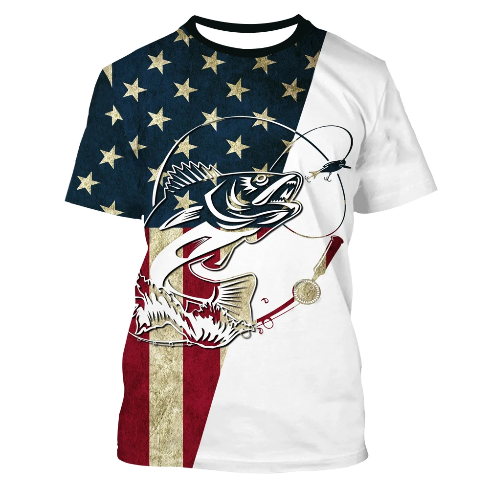 

Summer Walleye Fishing American Flag Short Sleeve Fishing T Shirts Personalized Patriotic Fishing Gifts clothing T-shirt