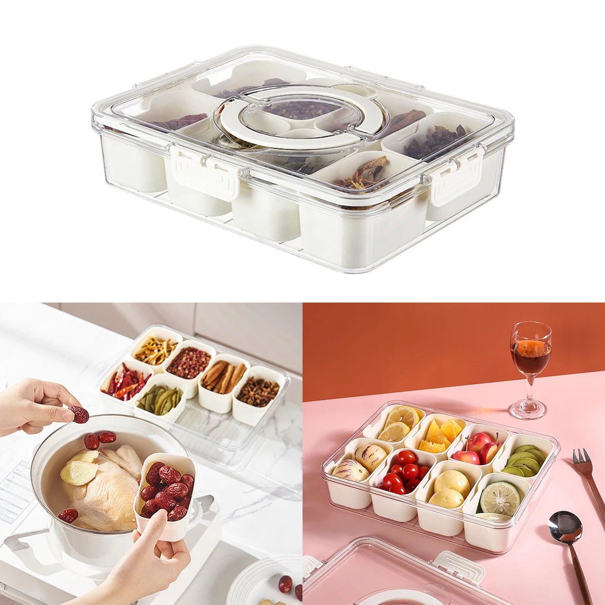 

8 Grids Kitchen Sealed Spice Storage Box Sets Food Grade Compartment Transparent Spice Box Refrigerator Preservation Box