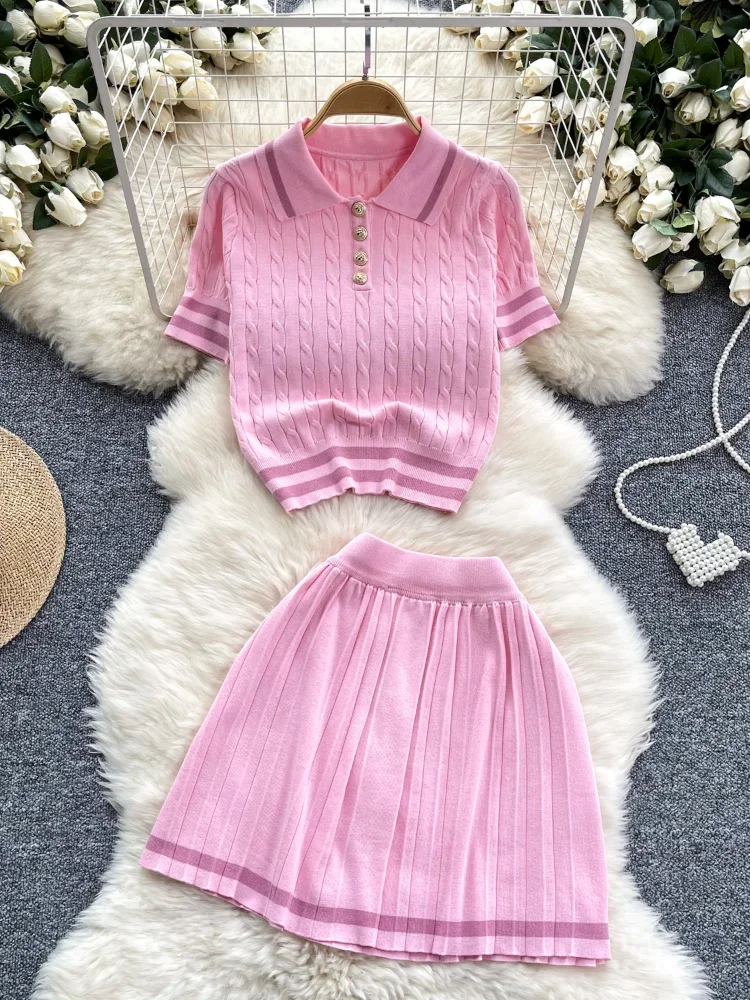 Newest Sweet Knitting Two Piece Set Women Button Vintage Basic Tops + High Waist Pleated Skirt Female Fashion Cute 2024 Summer