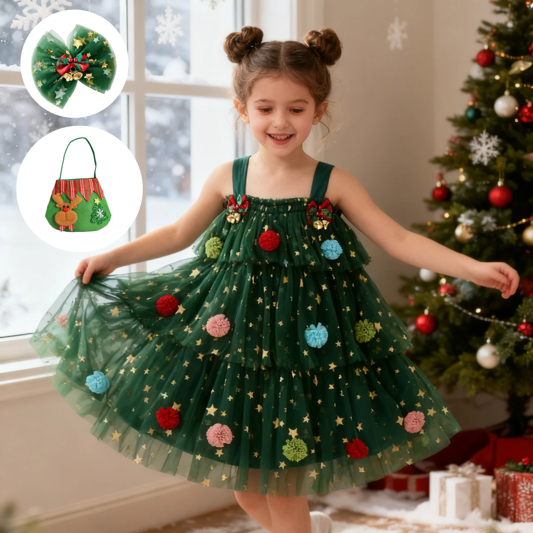 Baby Girls Tulle Layered Merry Christmas Tree Dress Kids Color Plush Ball Cake Skirt Christmas Style Party Costume Strap Dress