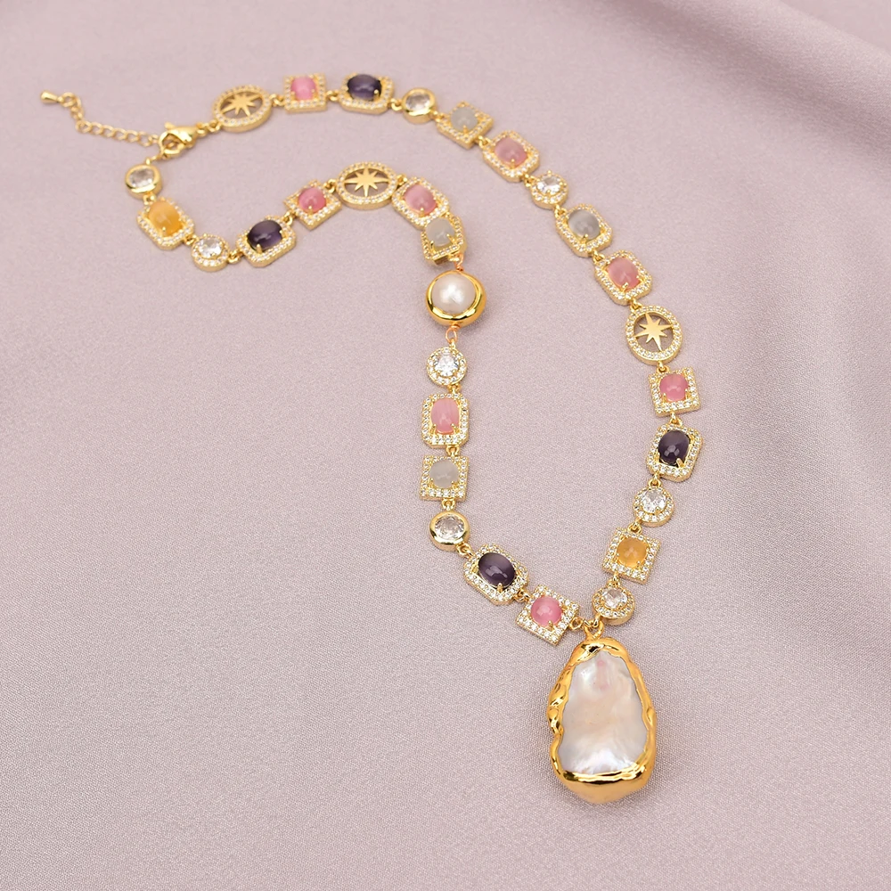 G-G Natural Mix Color Cat eye Cz Paved Chain White Pearl Necklace Gold Edged Keshi Pearl Pendant