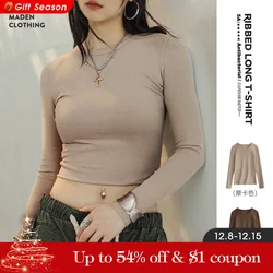 Maden 5A Antibacterial Ribbed Long T-shirt for Women Breathable O-Neck Threaded Bottom Shirt Autumn Solid Color Simple Tops