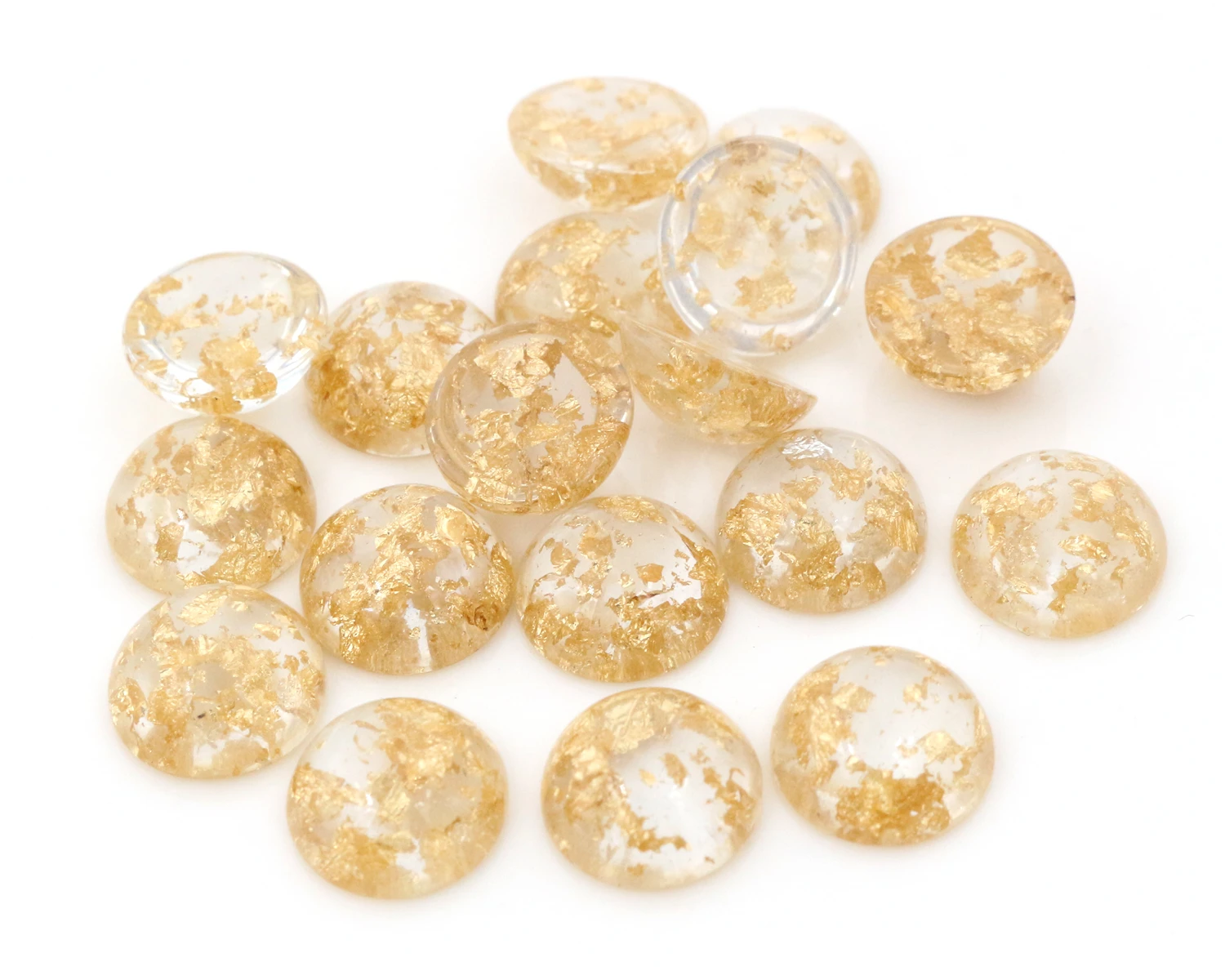 New Fashion 40pcs 8mm 10mm 12mm Transparent Built-in Metal Gold Color Foil Flat Back Resin Cabochons For Diy Jewelry Supplies