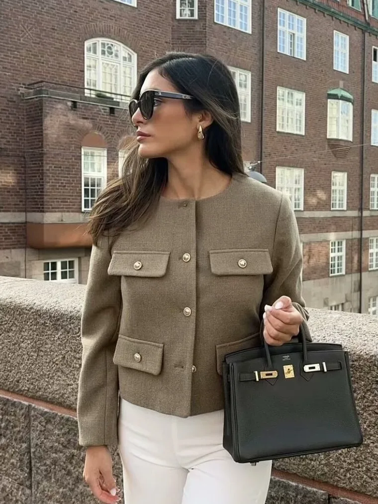 Autumn Winter Women Elegant  Solid Cardigan O Neck Short Coat With Pocket Single Breasted Jacket For Women Fashion Outwear 2024