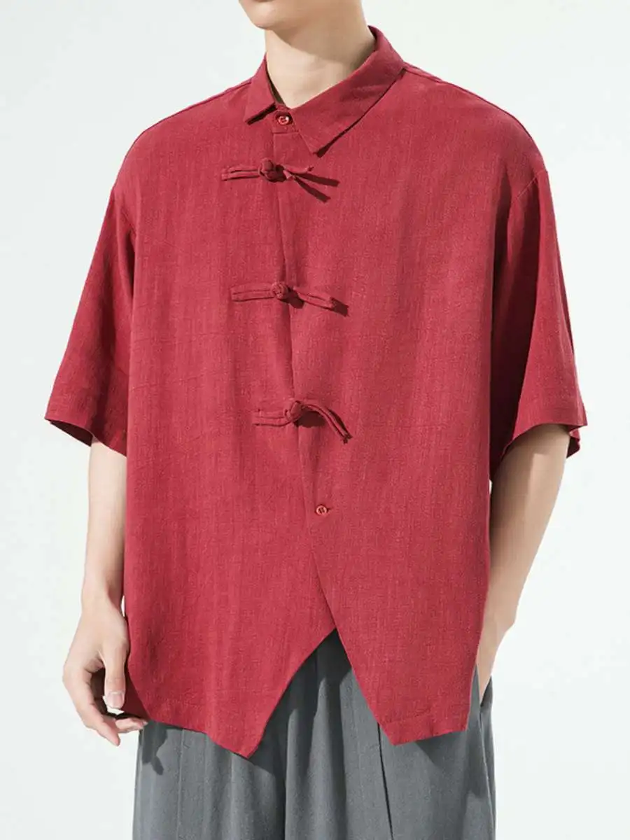 

New Chinese Style Loose Cotton Linen Men's Short Sleeve Shirt Summer Moccasin Coat Casual Pure Color Stand Collar Top