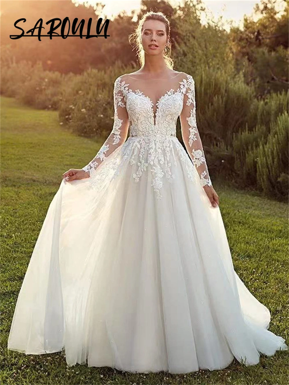 Sheer Neck Lace A Line Wedding Dress Tulle Illusion Full Sleeves Romantic Women's Bride Dresses Plus Size Backless Bridal Gown