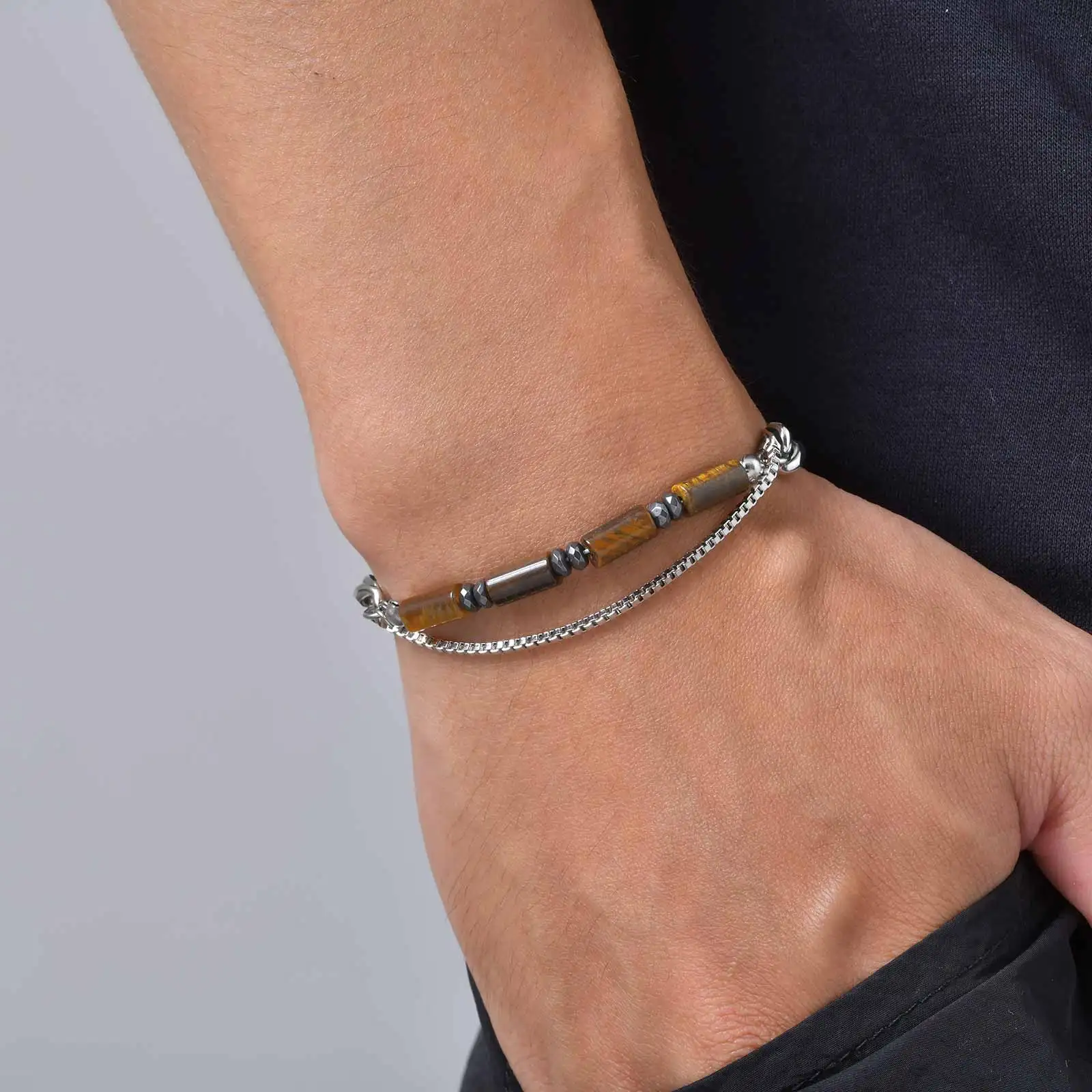 Vnox Naturstein-Perlenarmband für Herren, Edelstahl-Mehrschichtkette, Tigerauge, Obsidian, verstellbarer Armschmuck, Geschenk – Detail 4