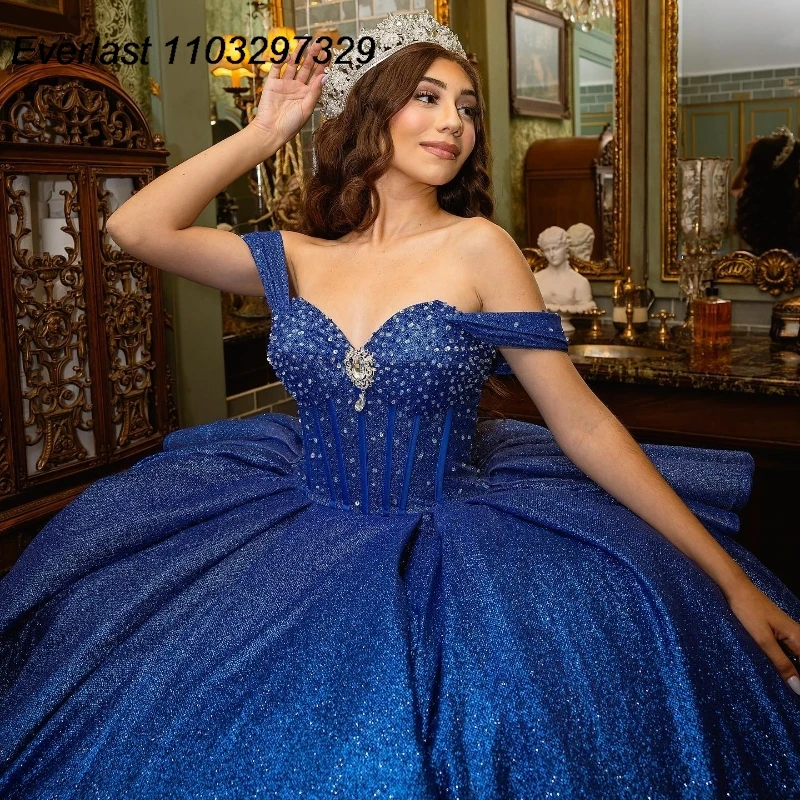 EVLAST Customized Navy Blue Quinceanera Dress Ball Gown Applique Beadded Crystal Tiered Sweet 16 Vestidos De 15 Anos TQD889