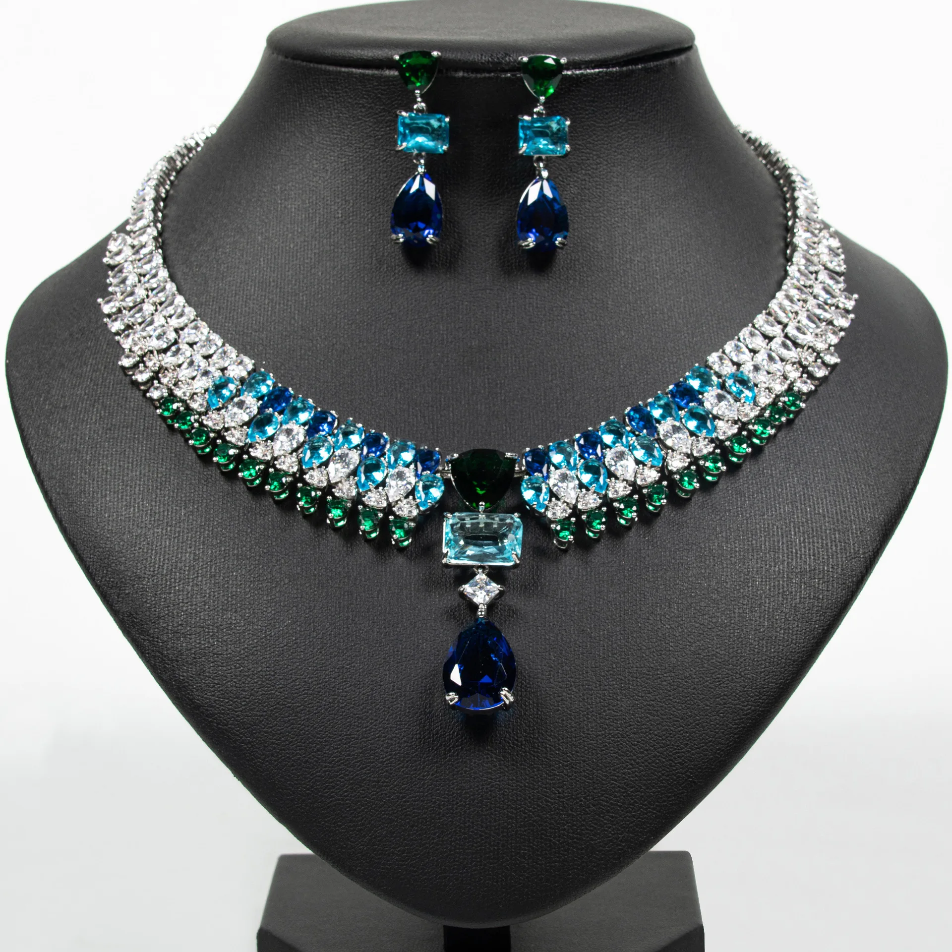 Luxury Multi-colour Jewellery Teardrop Zirconia Women's Summer Necklace Earrings Accessory Set Party Prom Dinner Festivals