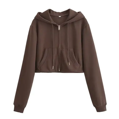 Imagen 2 del producto Conjunto de chaqueta corta con capucha y cremallera para mujer y pantalones acampanados con cordón, acogedor y elegante para un aspecto diario y deportivo