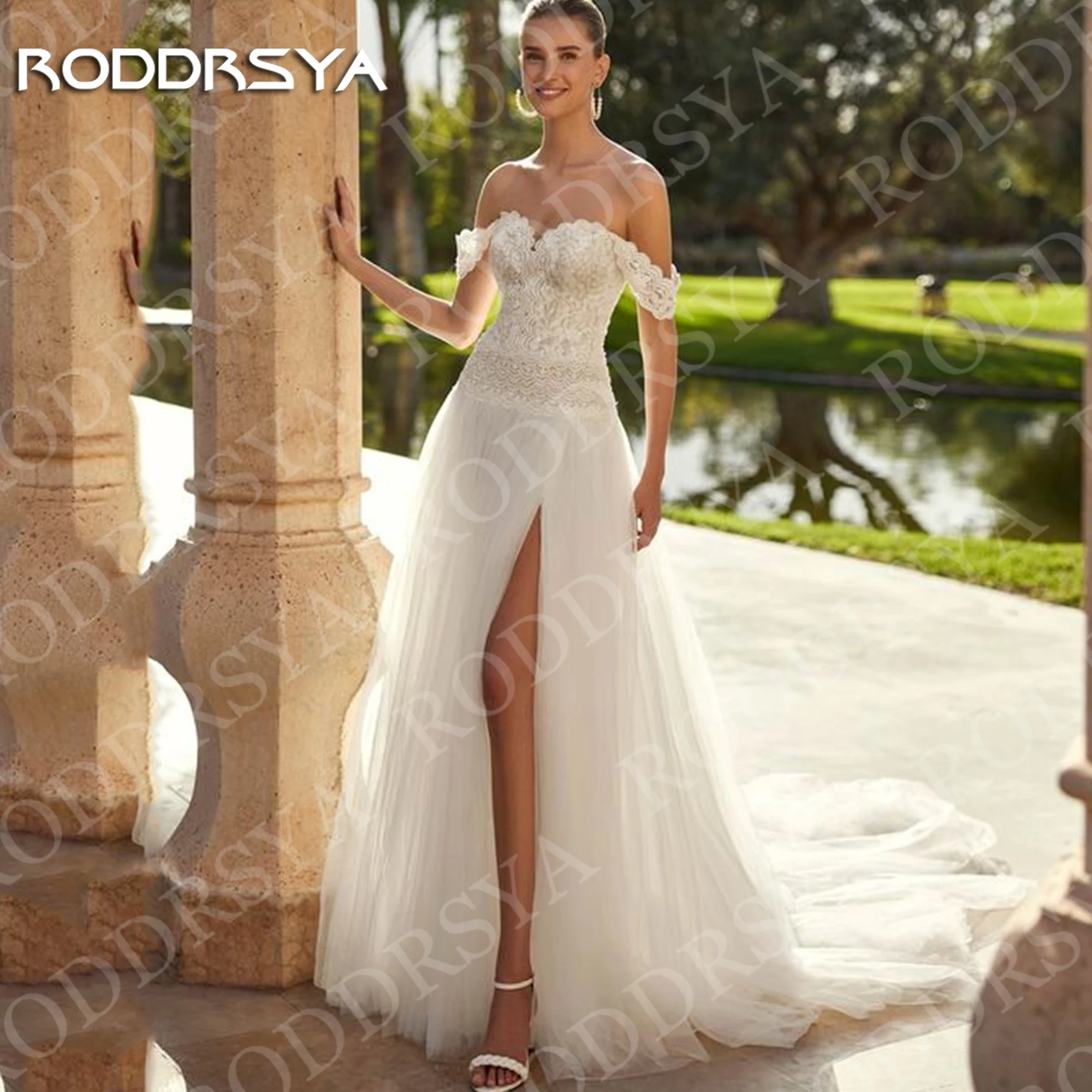 RODDRSYA Schulterfreies A-Linien-Hochzeitskleid in Elfenbein Boho-Stil romantische Spitze hoher Schlitz Tüll Brautkleider maßgeschneiderte Off Schulter eine Linie Brautkleid Elfenbein Boho romantische