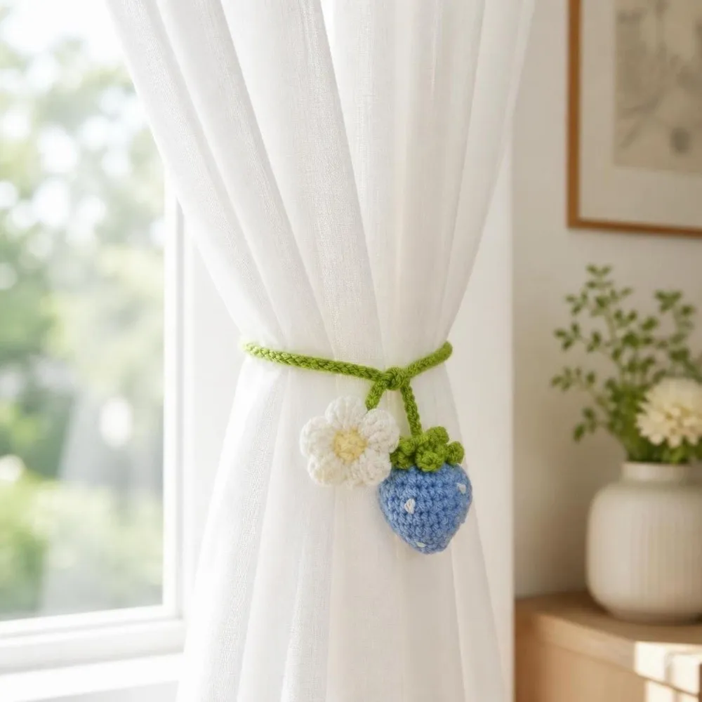 Wool Woven Crochet Curtain Tie Back Handmade Floral Design Hand Knitted Flower Bookmark Cute Strawberry/Sunflower