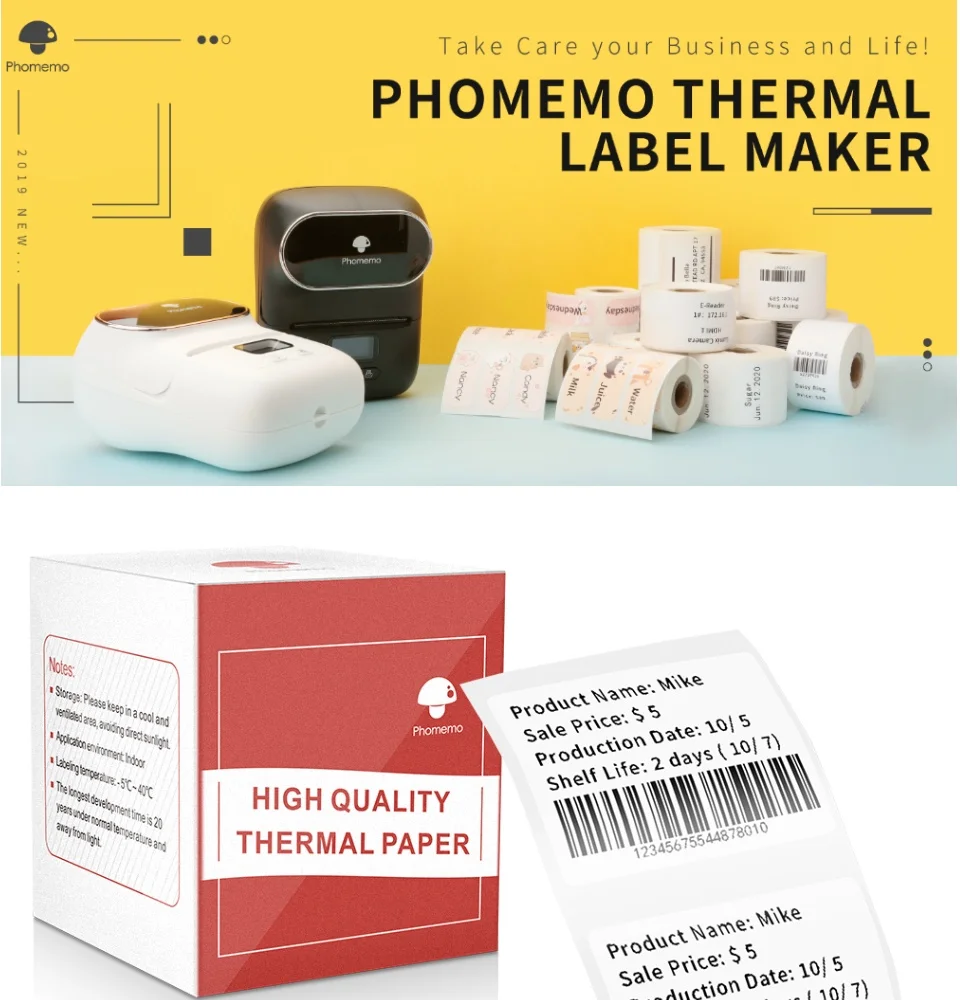 Phomemo Multi-Purpose Square Self-Adhesive Label for Phomemo M110/M200 Label Printer Width 20-50mm Labels/Roll