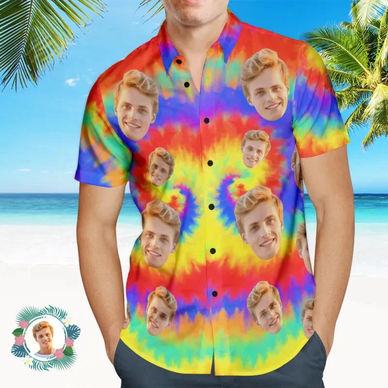 Custom Photo Hawaiian Shirt Beach Vacation Men's Popular All Over Print Hawaiian Beach Shirt Holiday Gift Tie Dye Style Blouses