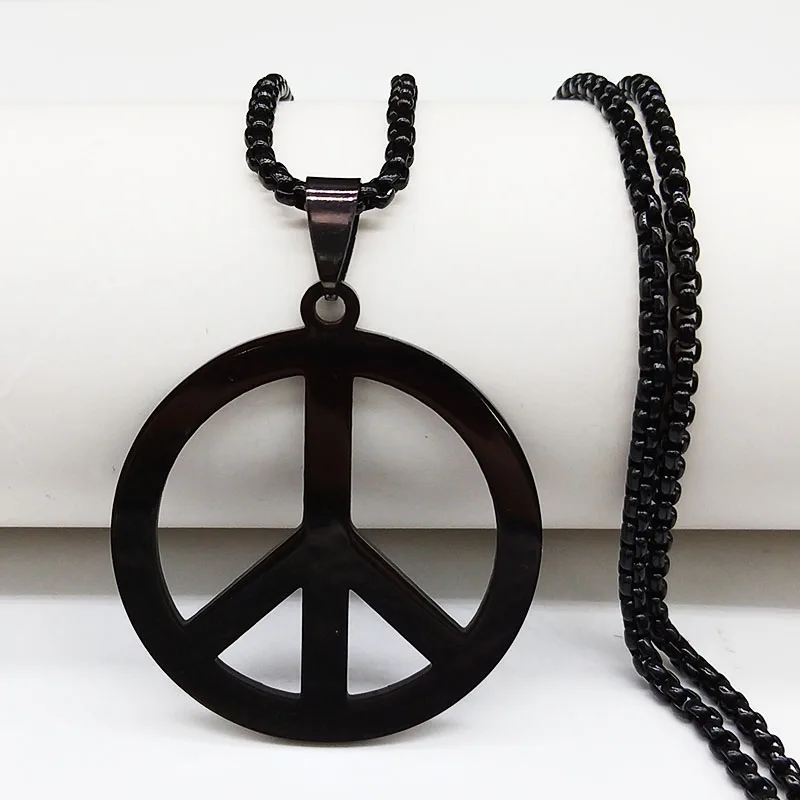 Goth Punk Peace Sign Symbol Pendant Necklace Men Black Color Stainless Steel Peaceful Match Chain Jewerly cadenas mujer N438S02